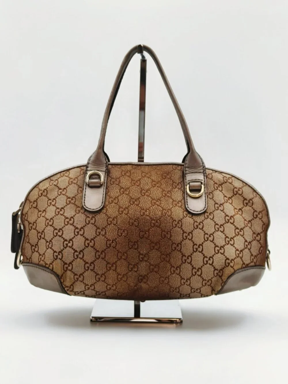 Gucci GG Monogram Canvas Boston Shoulder Bag Brown Leather Heart Charm